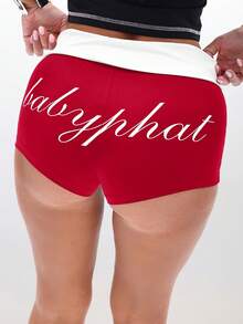 BABYPHAT Shorts con cintura plegable y estampado de logo con pretina de contraste, pantalones cortos mini - Rojo - Ver 5