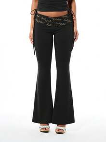 BABYPHAT Fold Over Printed Waist Flare Leggings With Logo Script Detail And Side Tie Strings - Black - View 1