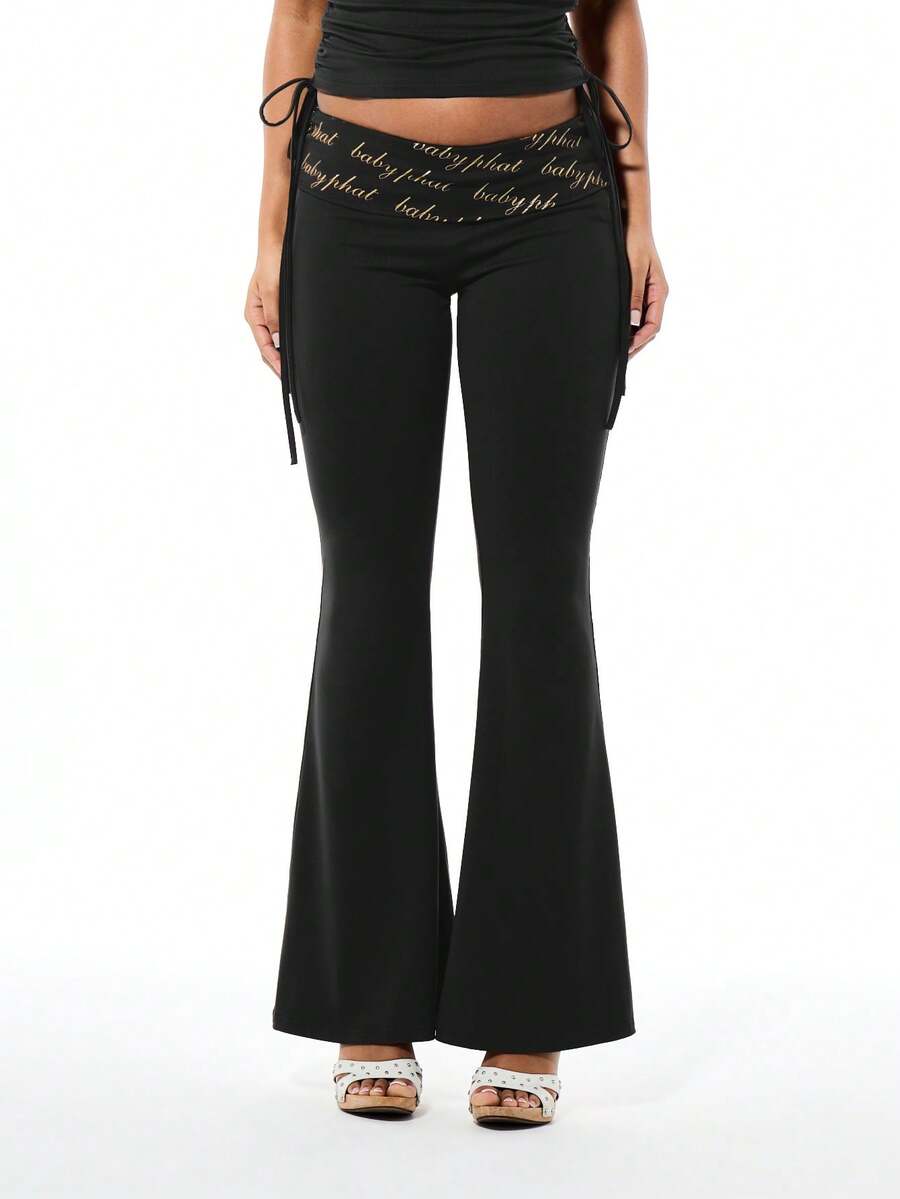 BABYPHAT Fold Over Printed Waist Flare Leggings With Logo Script Detail And Side Tie Strings - Black - View 1