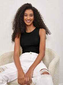 SHEIN BASICS Solid Slim Tank Top Summer Tops - Black - View 6