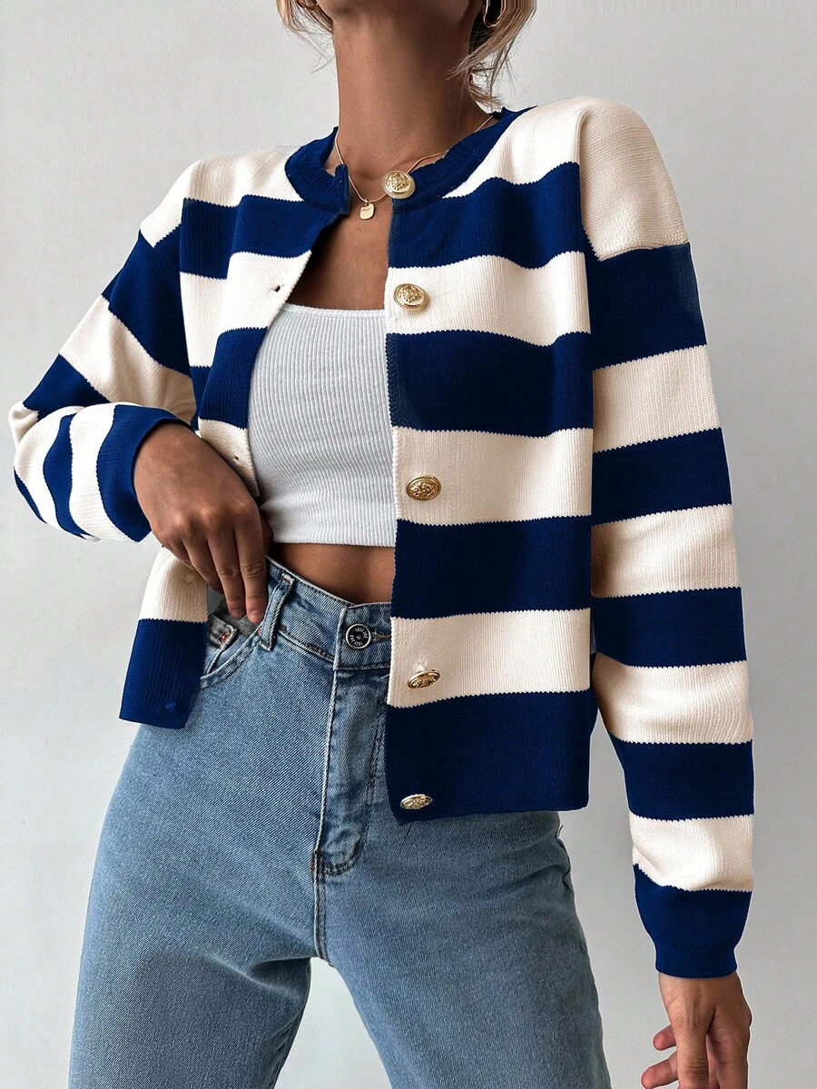 EURMUSE Women's Autumn Striped Long Sleeve Metal Single-Breasted Knit Cardigan - Dusty Blue - View 1