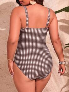 Slaydiva Plus Size Vacation Beach Plaid One-Piece Swimsuit - Brown - View 2