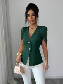 SHEIN Elenzya 女士优雅浪漫修身西装外套，V领设计，褶裥收腰 - 墨綠色 - 查看 5