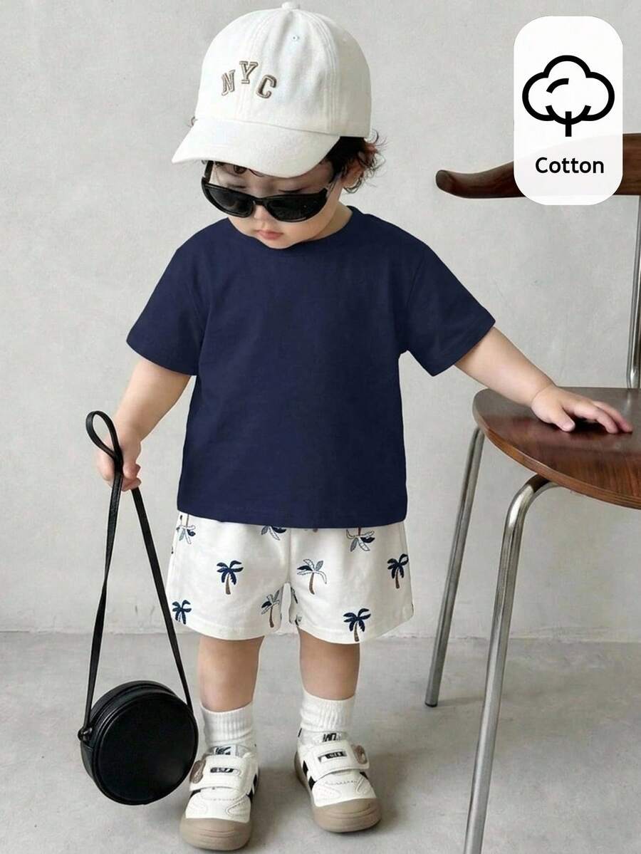 SHEIN 2件裝男嬰休閒簡約經典藍系列海洋藍度假運動風百搭熱帶植物椰子樹寬鬆舒適純棉T恤套裝適合夏季 - 彩色 - 查看 1