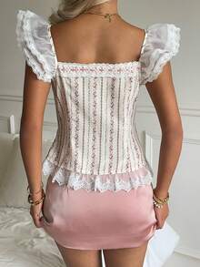 CovetEZ Beige,Summer,Cottage Core,Tea Party Women's Lace Trim Ditsy Floral Print Corset Top,Sweetheart Neck Sleeveless Bustier Blouse With Ruffled Drawstring - Pink - View 4