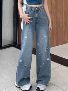 DAZY Women's Casual Bowknot Embroidered Straight Leg Jeans - Blue - View 3