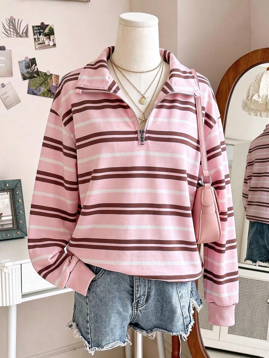 SHEIN Sparklyn 粉色圖案青少年女孩休閒條紋開學秋季運動衫毛衣 - 彩色 - 查看 1