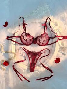 Crystal Vow Romantic Embroidered Bridal Lingerie Set 2pcs - Burgundy - View 3