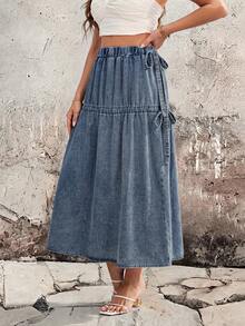 SHEIN Essnce Women's Elastic Waist Side Knot Casual Denim Skirt - Blue - View 1