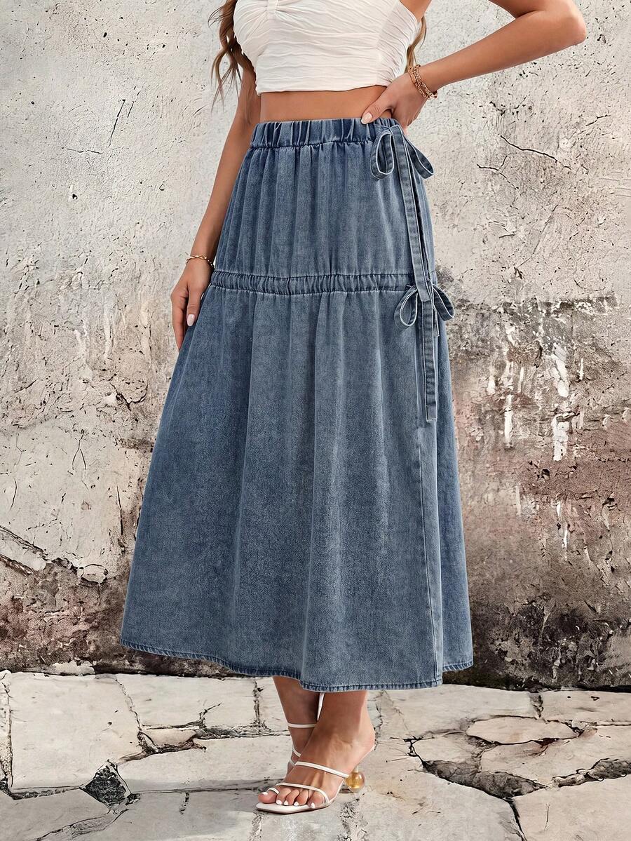 SHEIN Essnce Women's Elastic Waist Side Knot Casual Denim Skirt - Blue - View 1