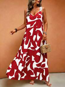 Breezaya Plus Size Women's Geometric Print Elegant Sleeveless Vacation Dress - Red - View 5