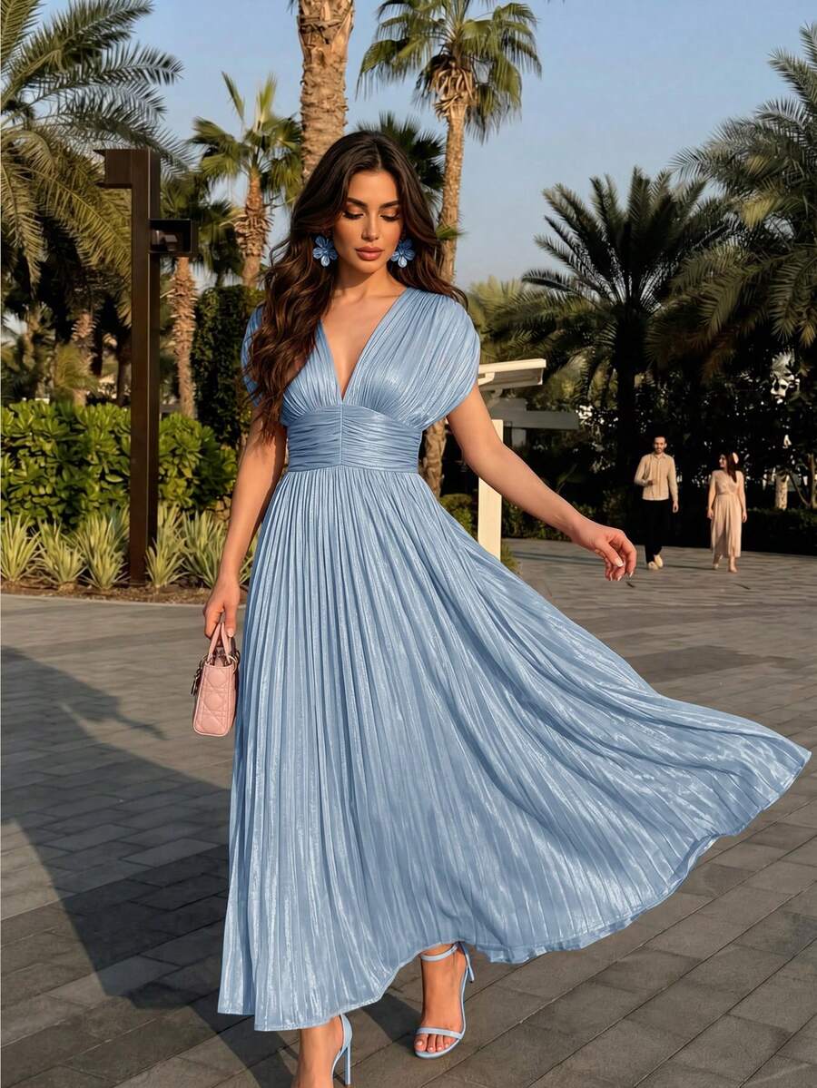 Anewsta Women's New Spring/Summer Elegant Shiny Noble V-Neck Pleated Shoulder Strap Waist-Flattering Dress For Party, Holiday, Gathering - Blue - View 1