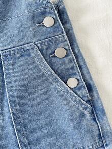 Girls' Summer Washed Comfortable Street Outdoor Fashion Campus Style Denim Decor Loose Soft Premium Cotton Fabric Mid-Blue Washed Denim Overall Shorts - Medium Wash - View 4