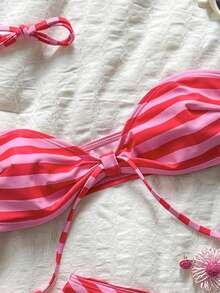 SHEIN Swim 夏季女款度假穿搭 母親節紅色條紋性感比基尼 2 件套 海灘派對度假裝 - 紅色 - 查看 5