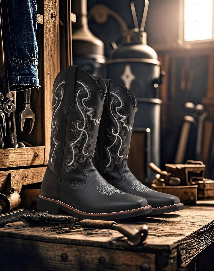 Genuine Leather Boots With Cowboy Rodeo Style Stitched Sole Skirt - negro - View 1
