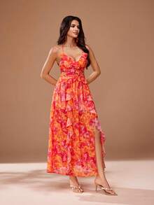 Glamance Floral Print Deep V-Neck Ruffle Hem High Slit Hollow Out Long Dress, Elegant Mature Casual Daily Party Wedding Guest Bridesmaid Birthday Vacation - Burnt Orange - View 5