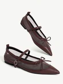 CUCCOO CHICEST Women's Shoes Breathable Mesh Bow One-Buckle Pointed Heel Simple Mesh Splicing Brown Mary Jane Flats Commuter Dating Party Fall Shoes - dark brown - View 4