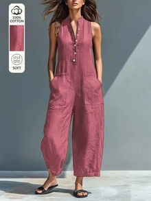 Hotletica 女款純色鈕扣半開襟口袋無袖襯衫連身褲，高級時尚通勤風 - 玫紅色 - 查看 5