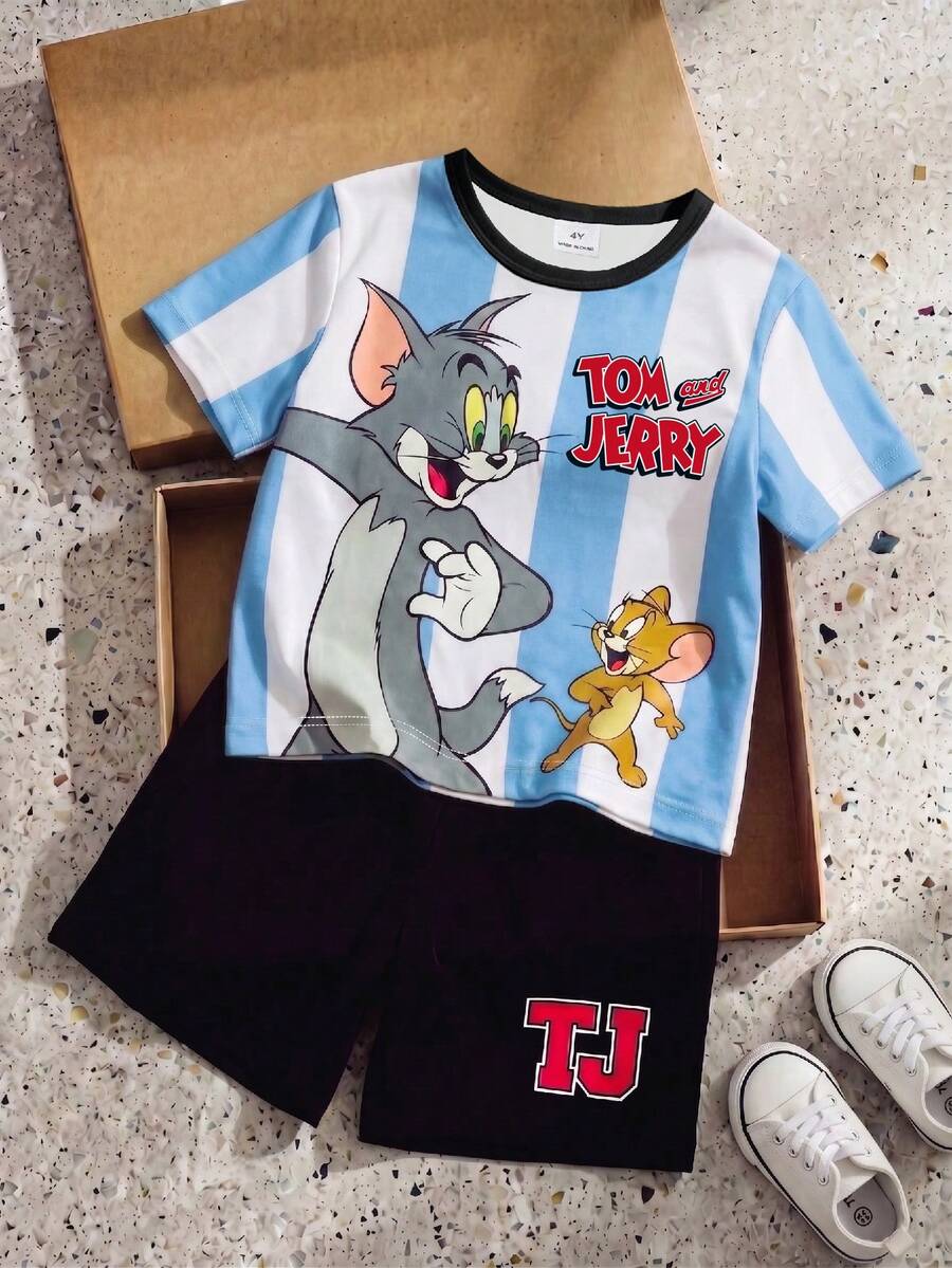 TOM & JERRY X SHEIN GraphicGems 小男孩卡通與條紋圖案對比飾邊短袖T恤與短褲2件套 - 藍色 - 查看 1