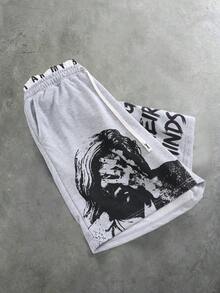 STYNVO 男士字母與圖案印花抽繩雙腰帶短褲 - 灰色 - 查看 1