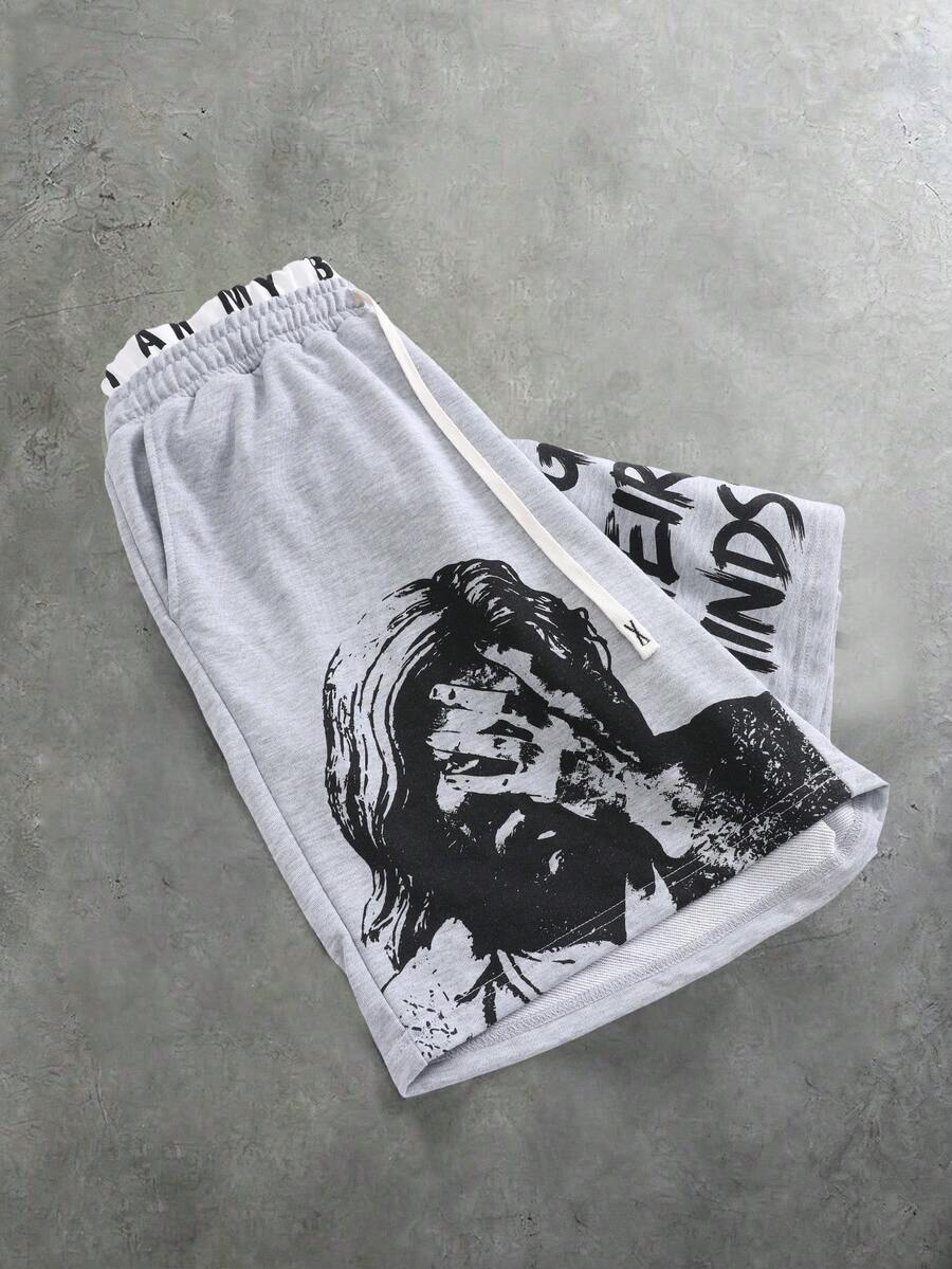 STYNVO 男士字母與圖案印花抽繩雙腰帶短褲 - 灰色 - 查看 1
