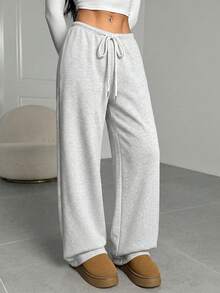 SHEIN EZwear 灰色針織女款抽繩腰鬆身長褲休閒運動褲 - 淺灰色 - 查看 4