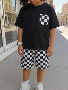 SHEIN 2pcs Kids Tween Boy Casual Q-Checkerboard Sporty Style Loose Knit Crew Neck T-Shirt And Knit Shorts Set, Suitable For Spring/Summer Home And Outdoor Wear - Black - View 6