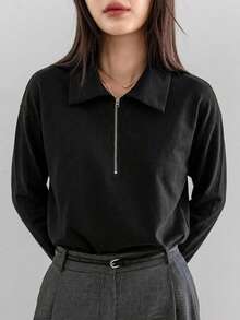 Dazy-Less 商務休閒半開領極簡寬鬆短袖女款T恤校園風 - 黑色 - 查看 4