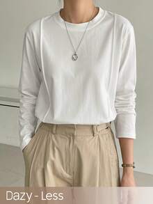 Dazy-Less Spring/Autumn Casual Versatile Solid Color Long Sleeve T-Shirt - White - View 1