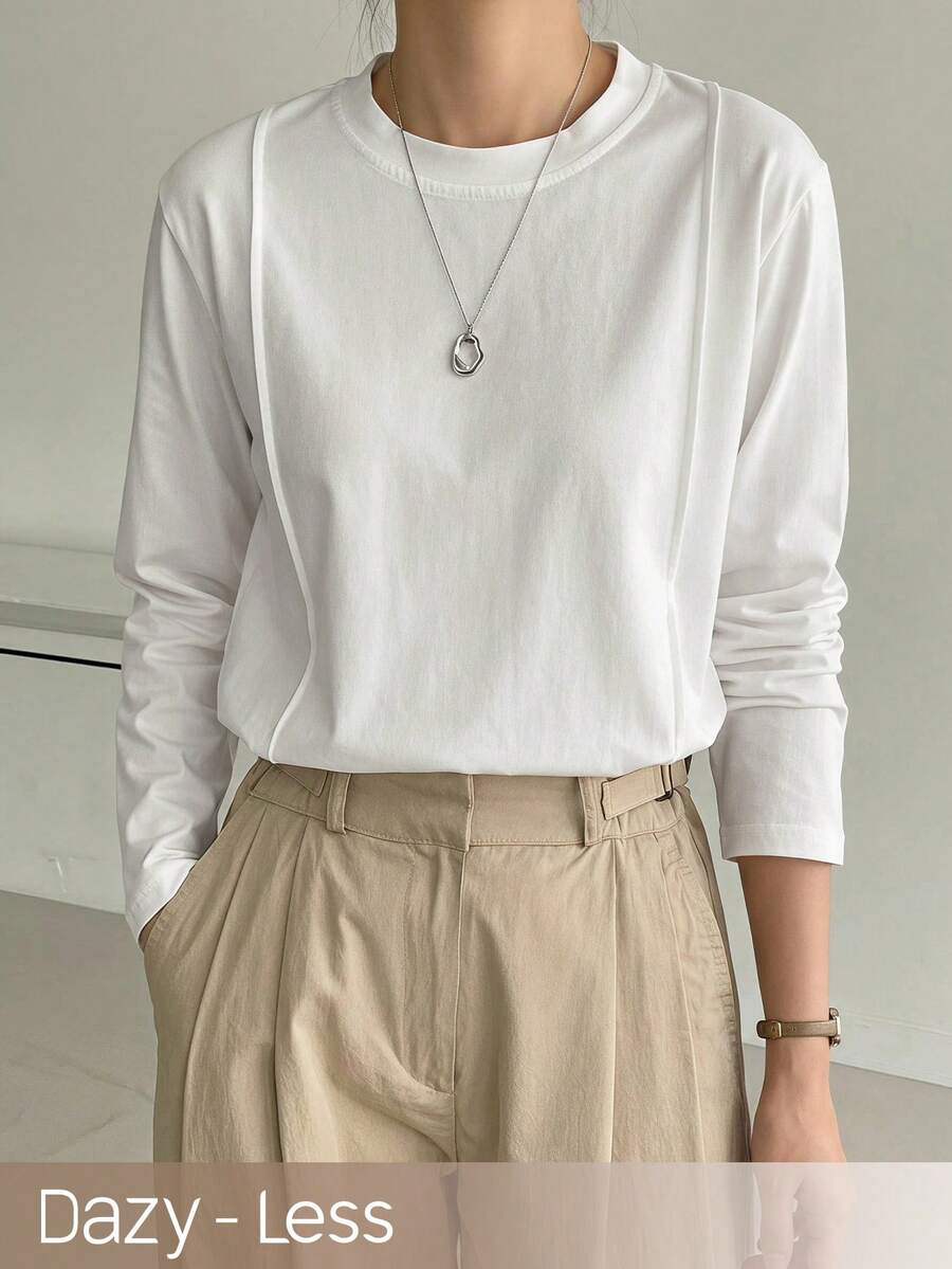 Dazy-Less Spring/Autumn Casual Versatile Solid Color Long Sleeve T-Shirt - White - View 1