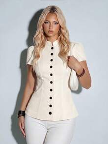 Normani Women's Fashion Versatile Single-Breasted Waist-Cinching Elegant Business Shirt Teachers' Day Office Black And White Summer Teachers' Day - Apricot - View 7
