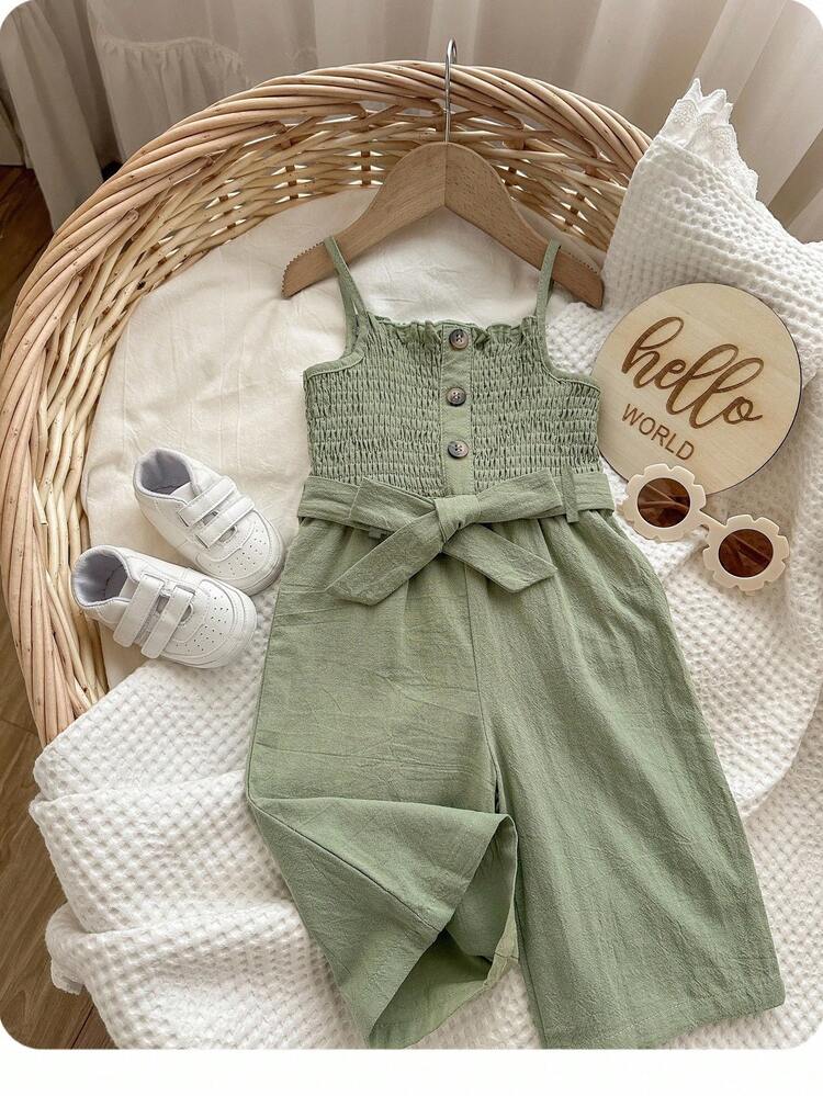 SHEIN Mono De Estampado Floral Para Bebé Niña Con Botones Frontales, Cinturón Y Tirantes Ajustables - verde menta - Añade 1