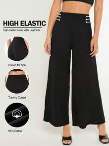 SHEIN BASICS Pantalones de pierna ancha holgados versátiles y de moda de unicolor para mujer, conjunto de verano para mujer - Negro - Ver 7