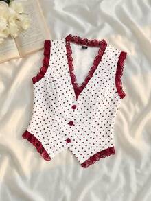 SHEIN MOD Women Polka Dot V Neck Sleeveless Short White Red Sweet Y2K Vest Going Out Party Back To School Fall Autumn - Red and White - View 7