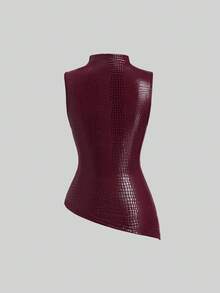 Sweetra Damen-Bluse in Burgunderrot mit hohem Kragen, plissiert, figurbetonend und asymmetrischem Saum, Tanktop-Stil - Bordeaux - Übersicht 2