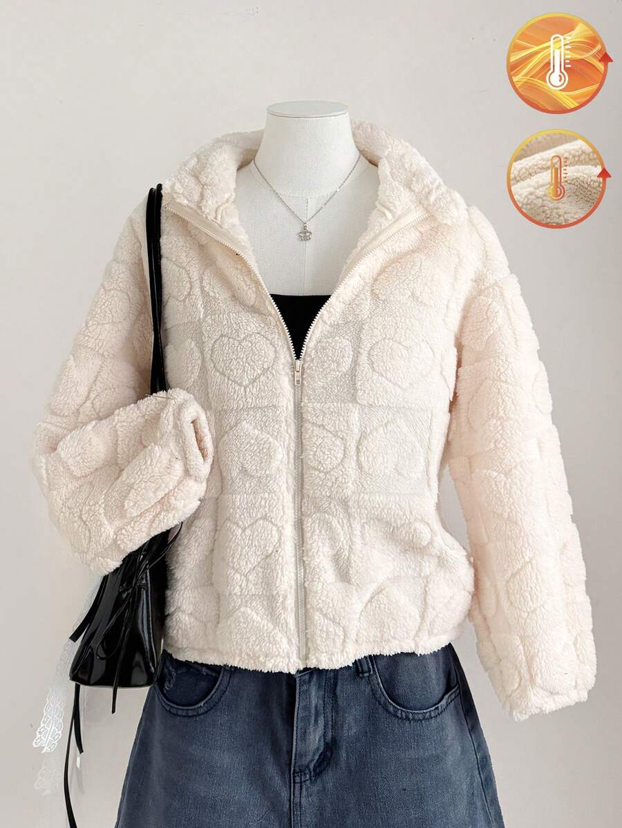 SHEIN Tween Girl Casual Versatile Heart Pattern Fuzzy Long Sleeve Stand Collar Jacket , Fall/Winter - White - View 1
