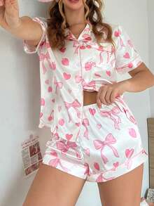 SweetSlumber Women's Sweet Cute INS Bow & Heart Print Satin Pajama Set, Short Sleeve & Shorts, Button-Front - Multicolor - View 4