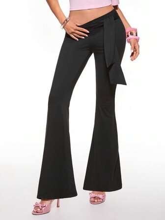 Y2K Pantalones largos de mujer casuales estilo hot girl negros con lazo en la cintura y cintura baja acampanados