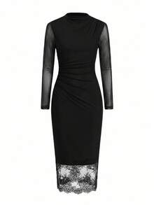 SHEIN Clasi 女款網紗拼接百褶休閒極簡風派對洋裝 - 黑色 - 查看 3