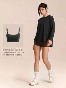 GLOWMODE Katun Pima Cuci Vintage, Lembut, Elastis, Potongan Longgar, Panjang Hingga Pinggul, Lengan Panjang dengan Belahan Samping, Pakaian Kasual Sehari-hari - Hitam - View 6
