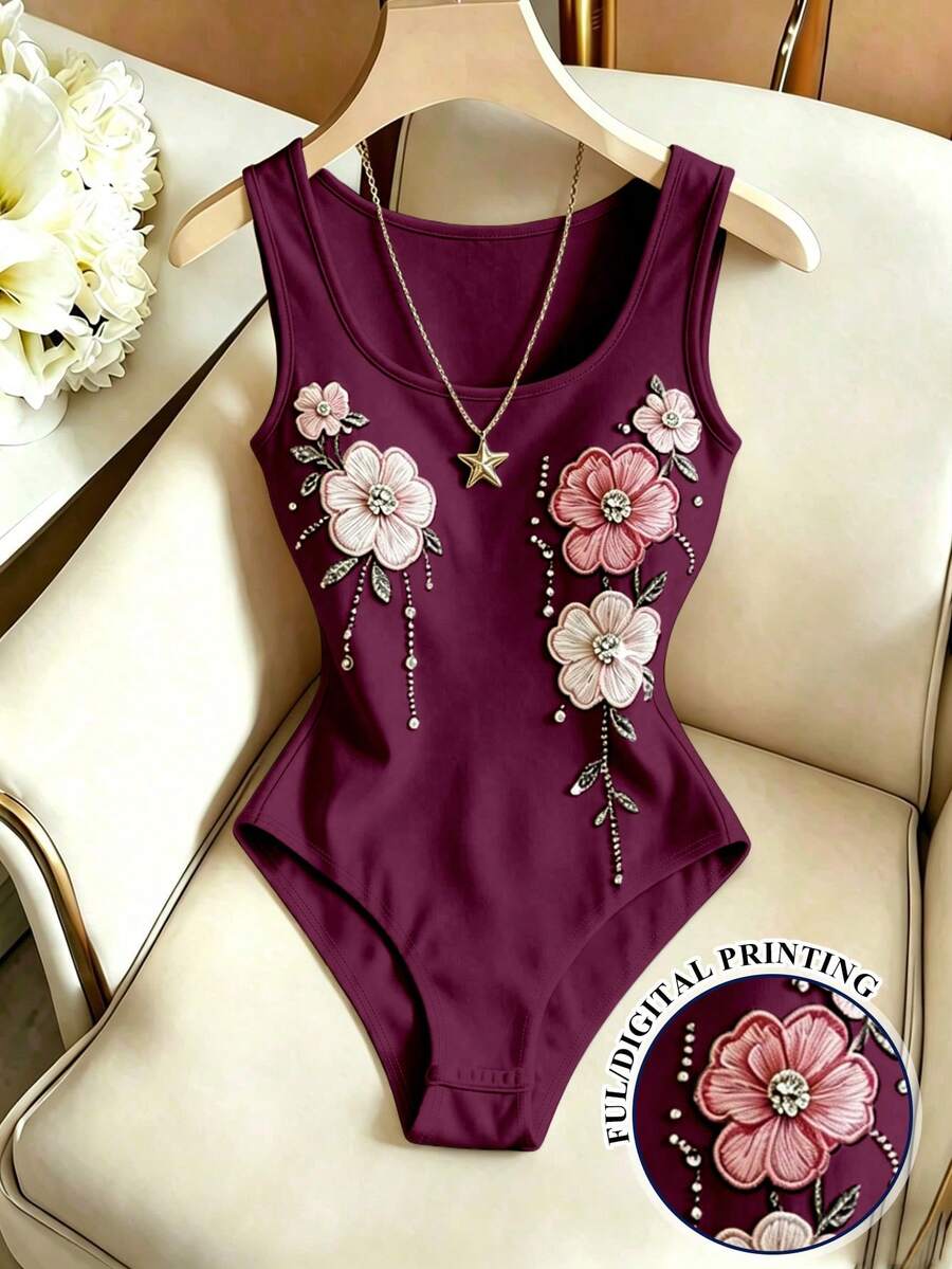 SHEIN Franclia 女款新款U領無袖花卉局部印花梅紅色修身百搭連身衣,適合夜晚外出、約會之夜、夏季浪漫優雅穿搭 - 中紫紅色 - 查看 1