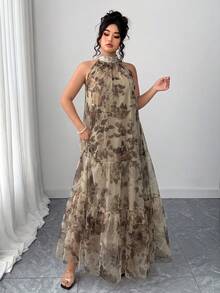 Elenzga 大尺碼女款優雅梭織無袖雙層花卉網紗洋裝，米色夏季婚禮賓客晚宴禮服 - 卡其色 - 查看 5