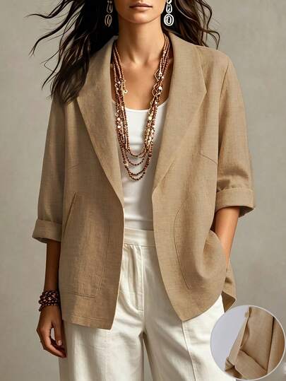 Linhara CURVE Plus Size Women's Spring/Summer Solid Color Textured Open Front Lapel Dual-Use Sleeve Double Pocket Loose Casual Minimalist Commuter Jacket Top