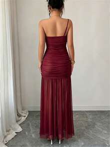 Elenzga Women's Summer New Beach Vacation Dress, Light Blue Mesh One Shoulder Bandeau Fitted Dress - Burgundy - View 2