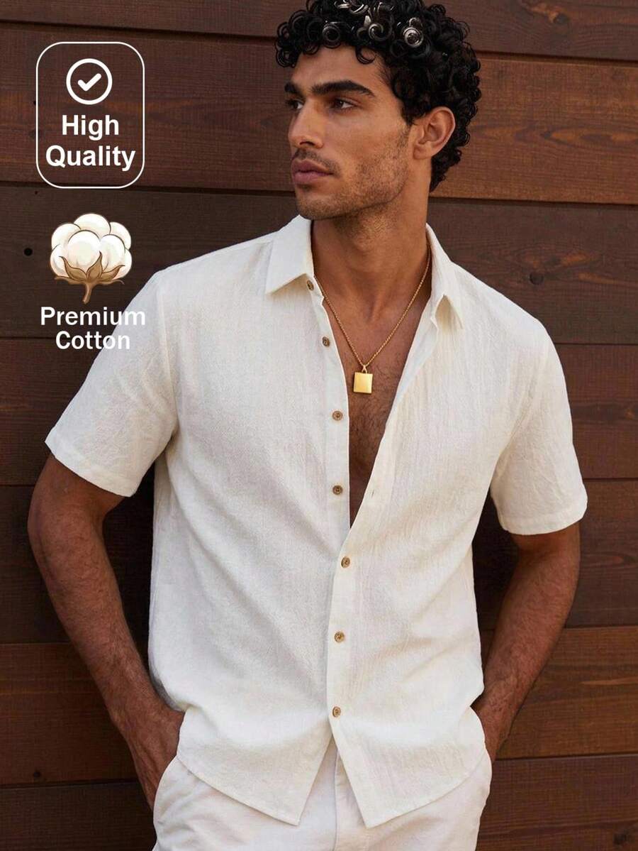 HIMLAND Men's Solid Color Single-Breasted Casual Versatile Everyday Shirt - Apricot - View 1