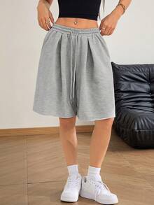 SHEIN PETITE 女款春夏街頭風度假日常穿著返校休閒運動基礎款寬鬆低腰百慕達跨襠褲 - 灰色 - 查看 1