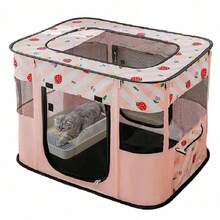 1pc Cartoon Pink Strawberry Printed Foldable Pet Tent Octagonal Oxford Cloth Dog Cage Cat Nest Enclosed Pet Fence Scratch-Resistant Breeding Box - Pink strawberry - View 4