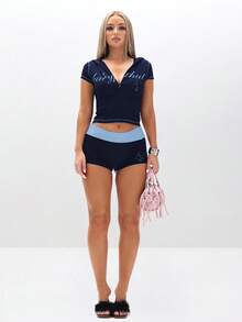 BABYPHAT Fold Over Waist Booty Shorts With Logo Script Print And Contrast Waistband Detail - Navy Blue - View 3