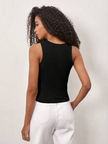 SHEIN BASICS Solid Slim Tank Top Summer Tops - Black - View 3