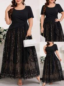 Levarali Gaun Elegan Lengan Pendek dengan Detail Renda Kontras untuk Wanita Ukuran Plus, Warna Hitam untuk Pernikahan, Makan Malam, dan Acara Formal Musim Panas. - MultiWarna - View 2
